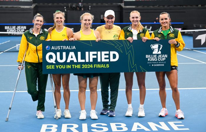 The Australian Billie Jean King Cup team celebrates after qualifying for the 2024 finals. Picture: Tennis Australia