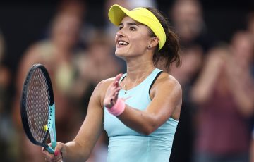 Arina Rodionova celebrates beating Sofia Kenin in the second round of the 2024 Brisbane International. Photo: Getty Images