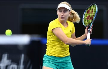 Daria Saville practices at Pat Rafter Arena ahead of Australia's Billie Jean King Cup Qualifier against Mexico. Photo: Getty Images