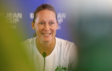 Australia captain Sam Stosur speaks to the media ahead of the Billie Jean King Cup Qualifier tie between Australia and Mexico at Pat Rafter Arena. Photo: Getty Images