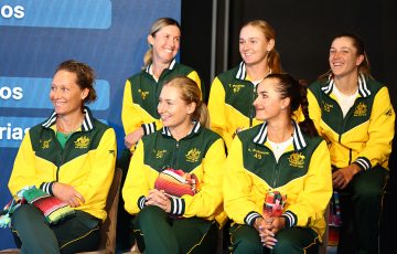 Team Australia (front from left) captain Sam Stosur, Daria Saville, Arina Rodionova, (back left) Storm Hunter, Ellen Perez and Taylah Preston. Picture: Getty Images