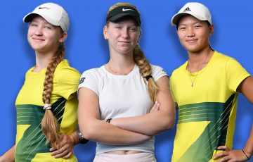 Australia's 14-and-under girls representatives Jennifer Ott, Vesna Marinkov and Emilie Chen. Pictures: Tennis Australia