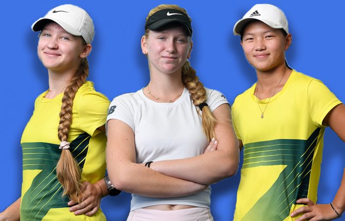 Australia's 14-and-under girls representatives Jennifer Ott, Vesna Marinkov and Emilie Chen. Pictures: Tennis Australia