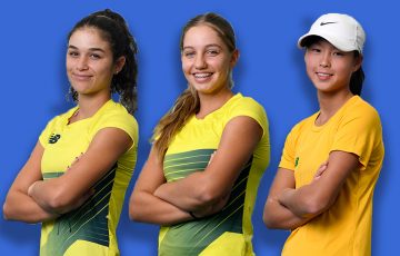 Billie Jean King Cup participants Renee Alame, Jizelle Sibai and Koharu Nishikawa. Pictures: Tennis Australia