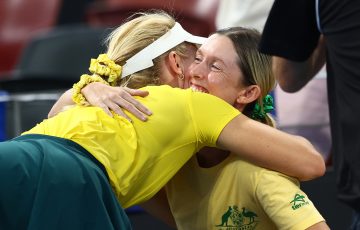 Daria Saville of Australia celebrates with Storm Hunter after beating Marcela Zacarias of Mexico during the Billie Jean King Cup Qualifier tie at Pat Rafter Arena on Friday. Photo: Getty Images
