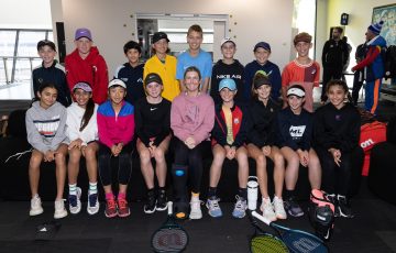 Storm Hunter with participants at Tennis Australia's 11s National Camp in Melbourne. Picture: Tennis Australia