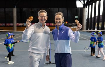 Todd Woodbridge amd Sam Stosur at the National Tennis Centre in Melbourne this week. Picture: Tennis Australia