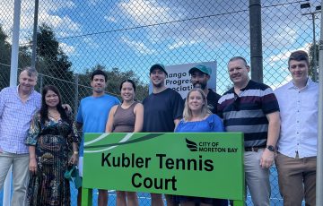 Jason Kubler unveils the 'Kubler Tennis Court' with his family in Mango Hill. 