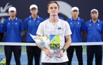 Tristan Schoolkate celebrates winning his first ATP Challenger singles title. 