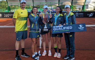 The Australian team celebrate winning the Junior Billie Jean King Cup 2024 Asia-Oceania qualifying event.