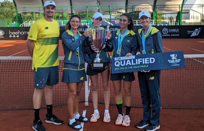 The Australian team celebrate winning the Junior Billie Jean King Cup 2024 Asia-Oceania qualifying event.